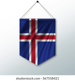 The national flag of Iceland. The symbol of the state in the pennant hanging on the rope. Realistic vector illustration.
