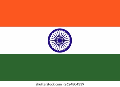 A bandeira nacional da Índia, apresenta listras horizontais de açafrão, branco e verde com uma roda azul escuro Ashoka Chakra no centro.