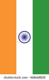 The National Flag of India. Horizontal rectangular tricolor of deep saffron, white and green with Ashoka Chakra in navy blue in center. Vertical banner. Vector illustration in eps8. 