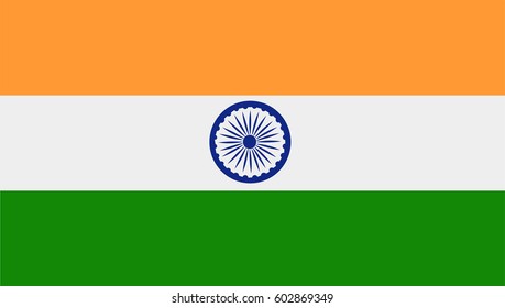 The National Flag of India. A horizontal Tricolor triband with a navy blue wheel with 24 spokes in the centre. 