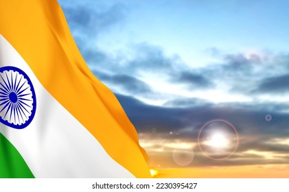 National flag of India on the sky with sunset or sunrise. EPS10 vector