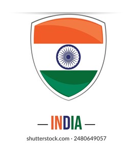 national flag of India, the Tiranga shield tricolour flag, saffron,white,green color; Ashoka Chakra, a 24-spoke wheel in blue. Indian flag badge vector illustration isolated on white background