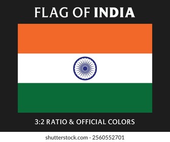 National flag of India, Vector illustration of Indian flag with official colors and 3:2 aspect ratio, Vector  image drawing of India flag illustration with Accurate dimensions, national flags picture