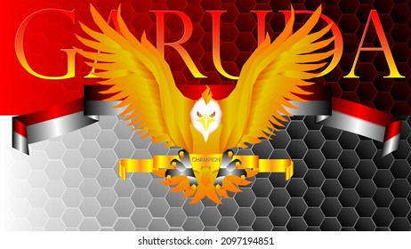The national flag of Indonesia. National flag hexagonal pattern with ribbon. Timnas Indonesia, Garuda di dadaku.