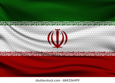 National flag of Iran on wavy fabric with a volumetric pattern of hexagons. Vector illustration.