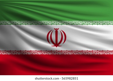 The national flag of Iran. The symbol of the state on wavy silk fabric. Realistic vector illustration.