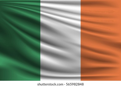 The national flag of Ireland. The symbol of the state on wavy silk fabric. Realistic vector illustration.