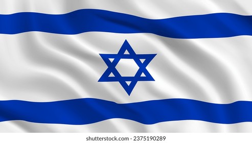 National flag of Israel flutters in the wind. Wavy Israeli Flag. Close-up front view. White and blue flag with star of David. 3D Render. Realistic 3d vector illustration - Shutterstock ID 2375190289