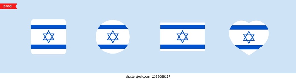 Bandera nacional de Israel. Iconos de la bandera de Israel para la selección del idioma. Bandera israelí en forma de cuadrado, círculo, corazón. Iconos del vector