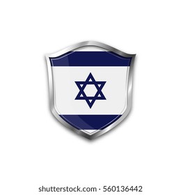 The national flag of Israel. Metal shield with reflections on a white background.