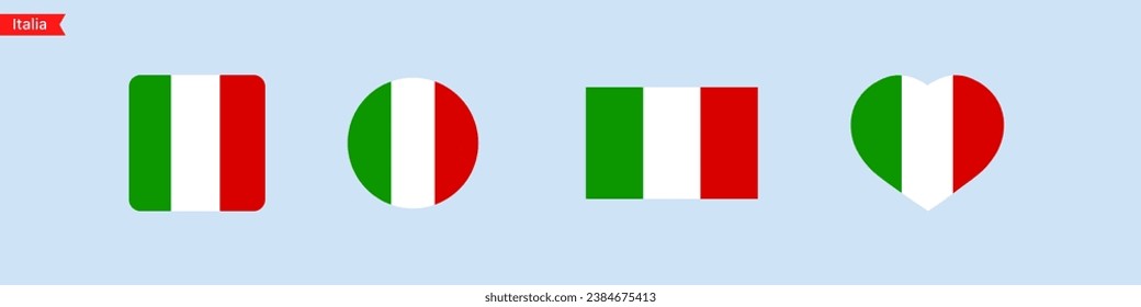 National flag of Italia. Italia flag icons in the shape of square, circle, heart. Isolated flags for language selection. Vector icons