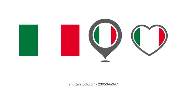 Bandera nacional de Italia. Bandera en forma de rectángulos, marcas de ubicación, corazones. Bandera nacional italiana para el diseño de selección de idiomas. Iconos del vector