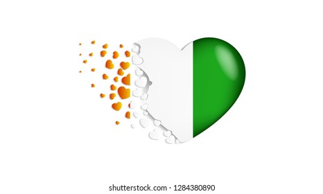 National flag of Ivory Coast in heart illustration. With love to Ivory Coast country. The national flag of Ivory Coast fly out small hearts