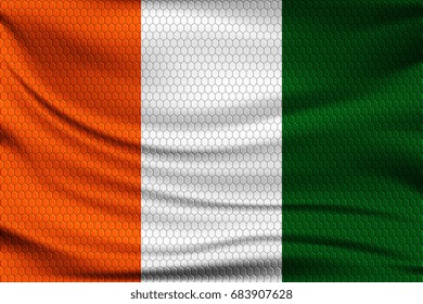 National flag of Ivory coast on wavy fabric with a volumetric pattern of hexagons. Vector illustration.