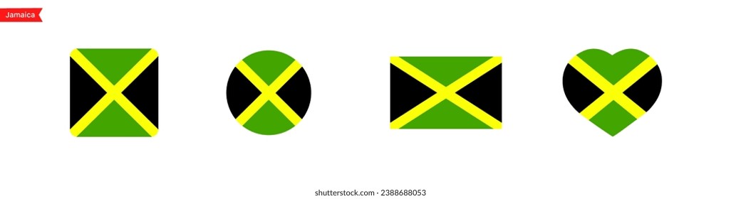 National flag of Jamaica. Jamaica flag icons in the shape of a square, circle, heart. Isolated flag symbols for language selection. Vector icons