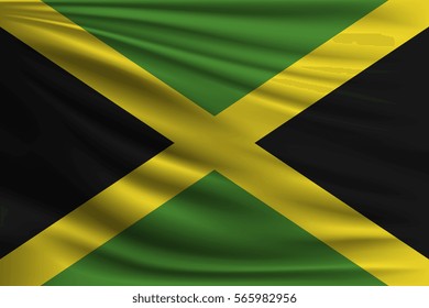 The national flag of Jamaica. The symbol of the state on wavy silk fabric. Realistic vector illustration.