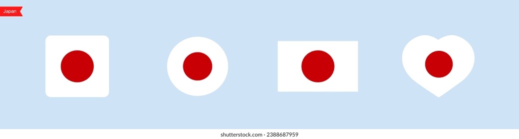 National flag of Japan. Japan flag icons in the shape of a square, circle, heart. Isolated flag symbols for language selection. Vector icons
