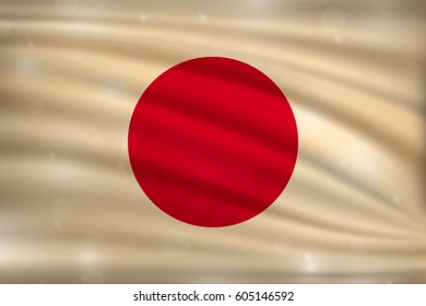 The national flag of Japan on wavy silk background with bokeh lights. Realistic vector illustration.