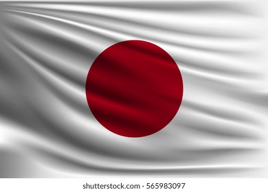 The national flag of Japan. The symbol of the state on wavy silk fabric. Realistic vector illustration.