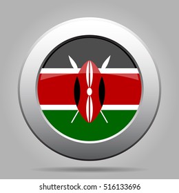 National flag of Kenya. Shiny metal gray round button with shadow.