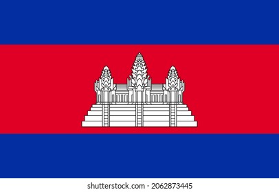 National Flag Kingdom of Cambodia - vector, Kampuchea, Three horizontal bands of blue, red and blue, with a depiction of Angkor Wat in white centred
