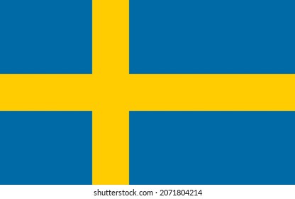 National Flag Königreich Schweden, blaues Feld mit gelbem nordischem Kreuz, das sich bis an die Kanten erstreckt, der vertikale Teil des Kreuzes wird auf die Hufseite verschoben