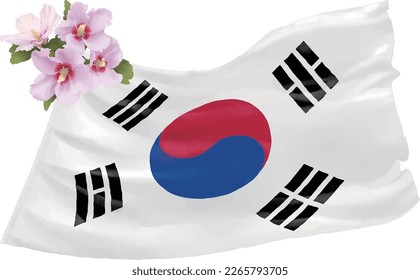 La bandera nacional de Corea y la flor nacional Mugunghwa. Aislado sobre fondo blanco. ilustración vectorial.