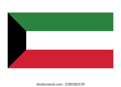 The national flag of Kuwait, featuring green, white, red, and black horizontal stripes with a triangular black section, representing the countrys heritage and pride