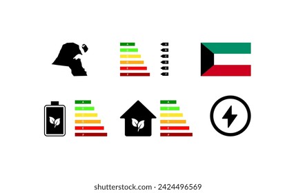 National flag of Kuwait. Letter rating of Kuwait. Electricity, house, lightning, continent rating icons. Flat style. Vector icons