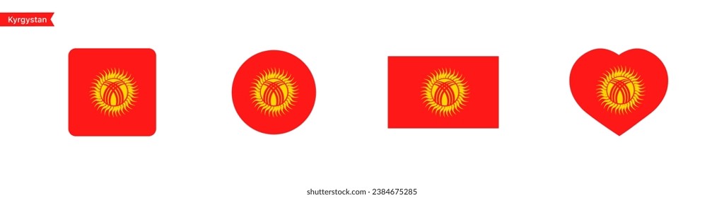 National flag of Kyrgystan. Flag icons for language selection. Kyrgystan flag in the shape of a square, circle, heart. Vector icons