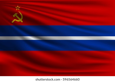 National flag of the Kyrgyz Republic in the USSR. The symbol of the state on wavy silk fabric. Realistic vector illustration.