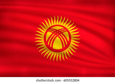 The national flag of Kyrgyzstan on wavy silk background with bokeh lights. Realistic vector illustration.