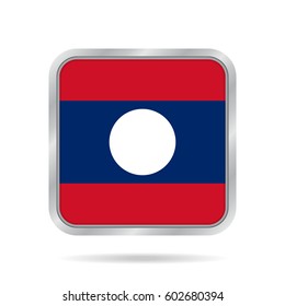 National flag of Laos. Shiny metallic gray square button with shadow.
