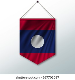 The national flag of Laos. The symbol of the state in the pennant hanging on the rope. Realistic vector illustration.