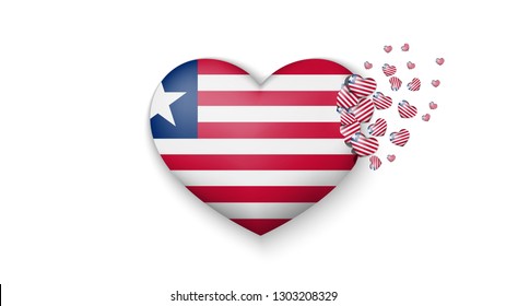 National flag of Liberia in heart illustration. With love to Liberia country. The national flag of Liberia fly out small hearts on white background