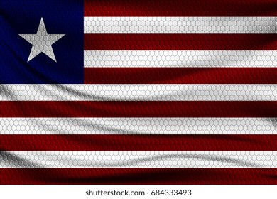 National flag of Liberia on wavy fabric with a volumetric pattern of hexagons. Vector illustration.