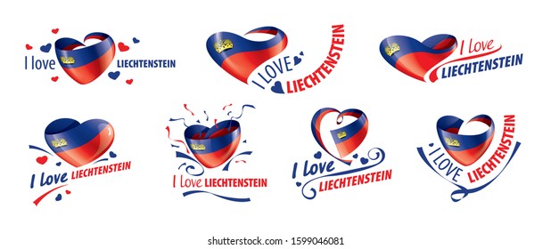 The national flag of the Liechtenstein and the inscription I love Liechtenstein. Vector illustration