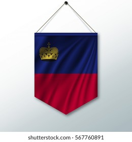 The national flag of Liechtenstein. The symbol of the state in the pennant hanging on the rope. Realistic vector illustration.