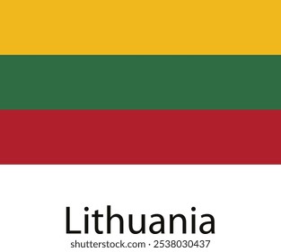 The national flag of Lithuania features three horizontal stripes: yellow, green, and red. The yellow stripe symbolizes the sun, the green stripe represents hope and prosperity, and the red strip.