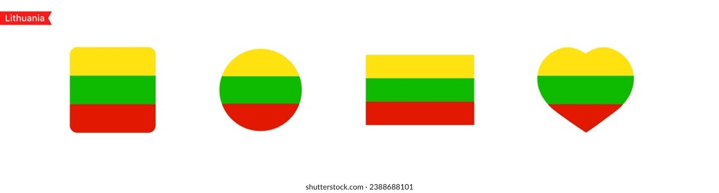 National flag of Lithuania. Lithuania flag icons in the shape of a square, circle, heart. Isolated flag symbols for language selection. Vector icons