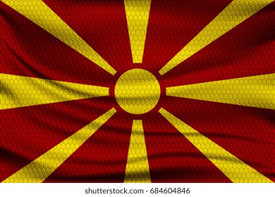 National flag of Macedonia on wavy fabric with a volumetric pattern of hexagons. Vector illustration.