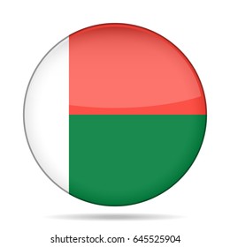 National flag of Madagascar. Shiny round button with shadow.