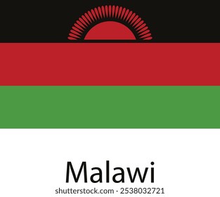 La bandera nacional de Malawi, con un esquema de colores negro, rojo, verde y blanco y un sol naciente en la banda negra superior.