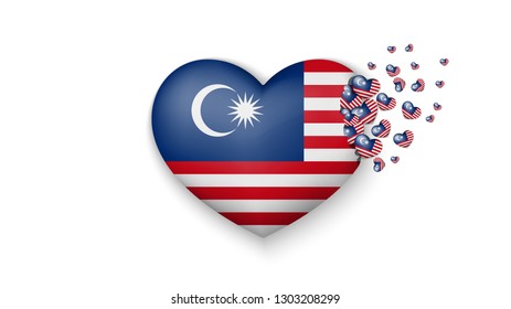 National flag of Malaysia in heart illustration. With love to Malaysia country. The national flag of Malaysia fly out small hearts on white background