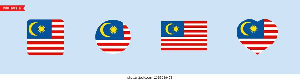 National flag of Malaysia icons. Malaysia flag in the shape of a square, circle, heart. Website language choice symbols. Vector UI flag design