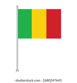 A bandeira nacional do Mali, com listras verticais de verde, amarelo e vermelho, exibida em um mastro contra um fundo branco.