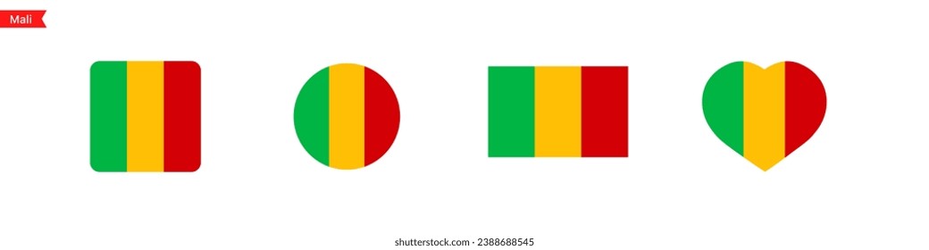 National flag of Mali. Flag in the shape of a square, circle, heart. Mali flag icons for language selection. Vector icons