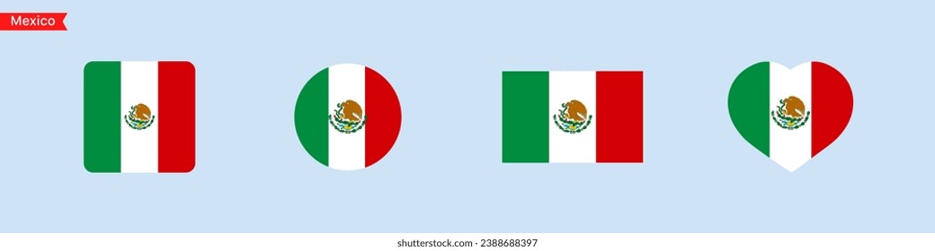 National flag of Mexico. Mexico flag icons in the shape of a square, circle, heart. Isolated flag symbols for language selection. Vector icons