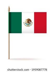 The national flag of Mexico. Mexican tricolor icon. Mexican flag on a golden flagpole. Vector illustration isolated on white background
