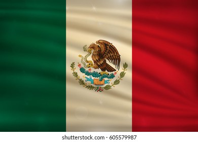 The national flag of Mexico on wavy silk background with bokeh lights. Realistic vector illustration.